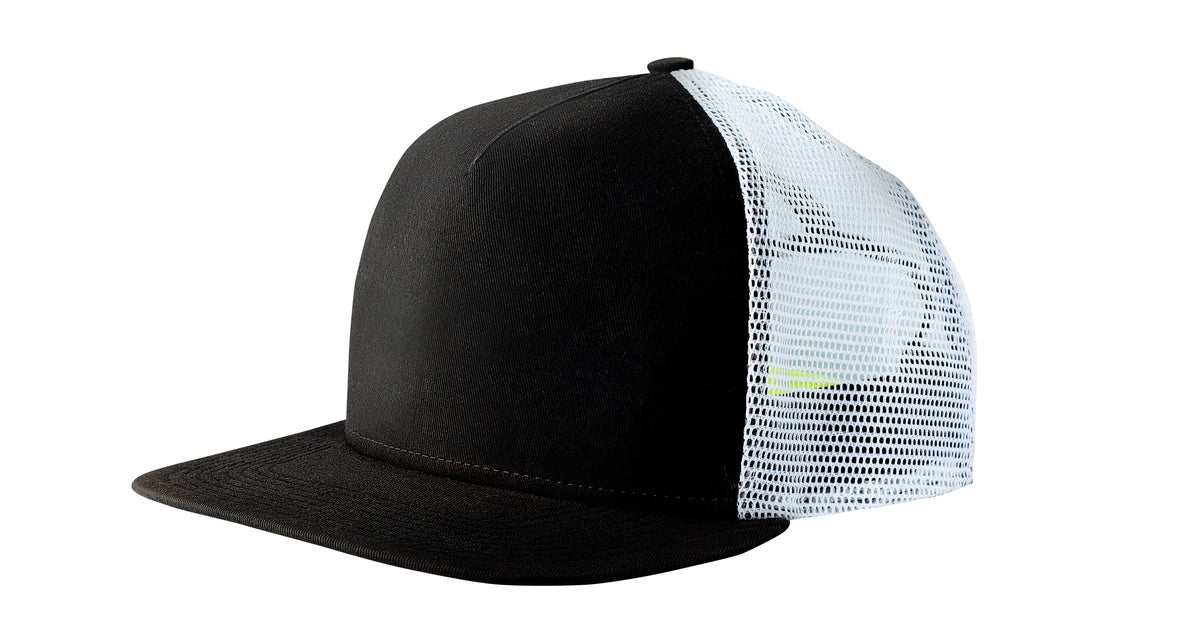 A mesh trucker hat on a white background. The bill and front panel are solid black, while the mesh on the back is pure white.