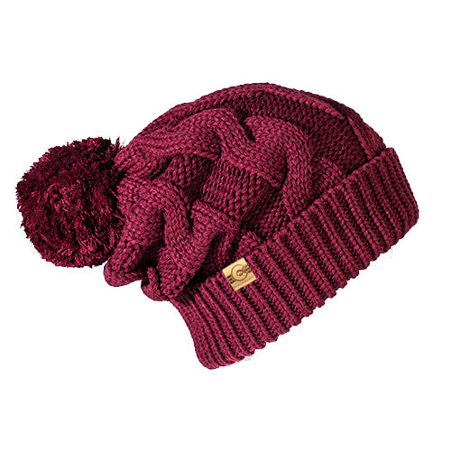 Cozy Burgundy Smiley Face Pom Pom Knit Beanie Haakwear Traditional Pom Pom Beanie, Multi Color Knit Winter  main image 2
