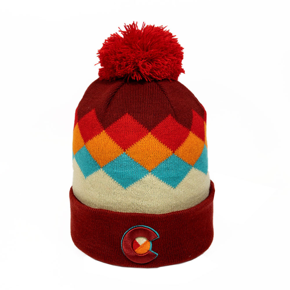 Red Argyle Colorado Mountain Rainbow Beanie